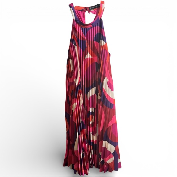 NY & Co Halter Neck Pleated Flowy Dress Knee High Length Pink Red Purple M - Picture 8 of 9